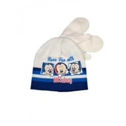 Set 2pz Cappello Cappellino Muffole Guanti Bimbo Bambino Disney Baby Mickey Panna Tg 50